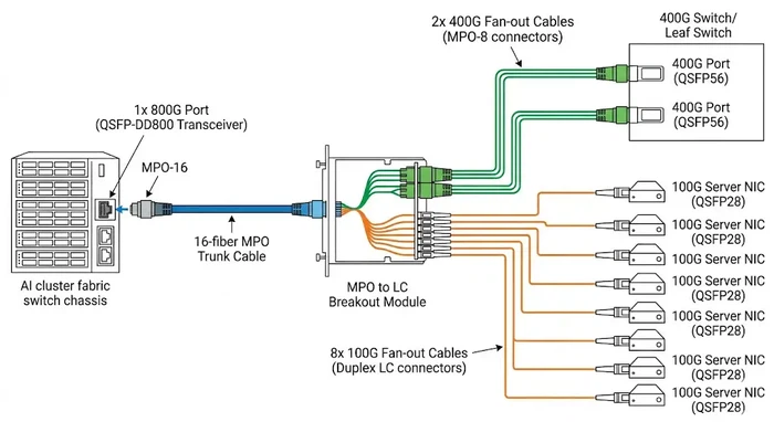 800G MPO breakout to 400G and 100G connections@hengtongglobal 800G MPO breakout to 400G and 100G connections@hengtongglobal