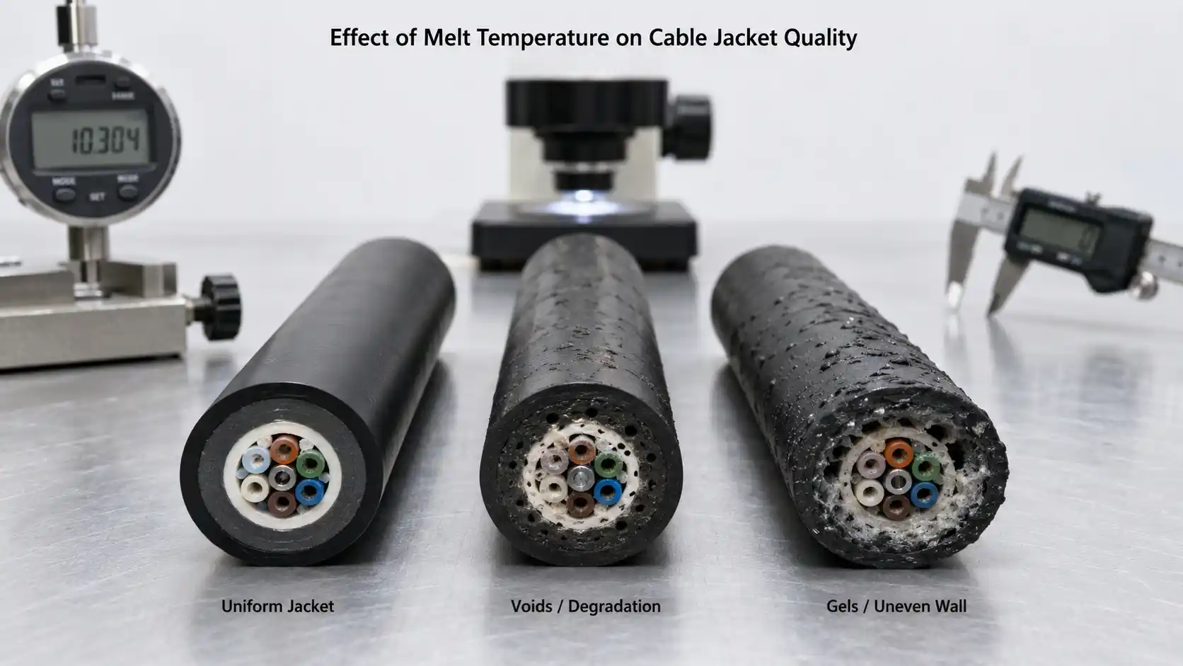 Cable jacket defects caused by melt temperature Cable jacket defects caused by melt temperature